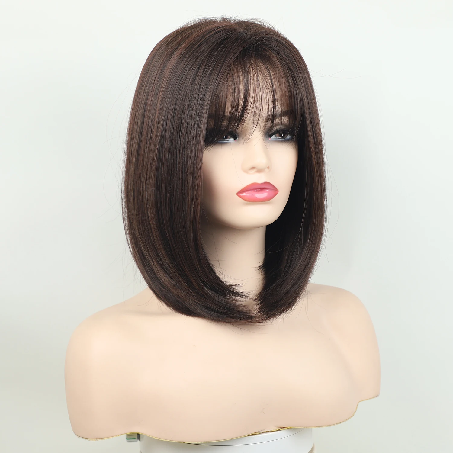 Wholesale none lace wig long silky straight synthetic wigs long dark brown bob hair with bangs