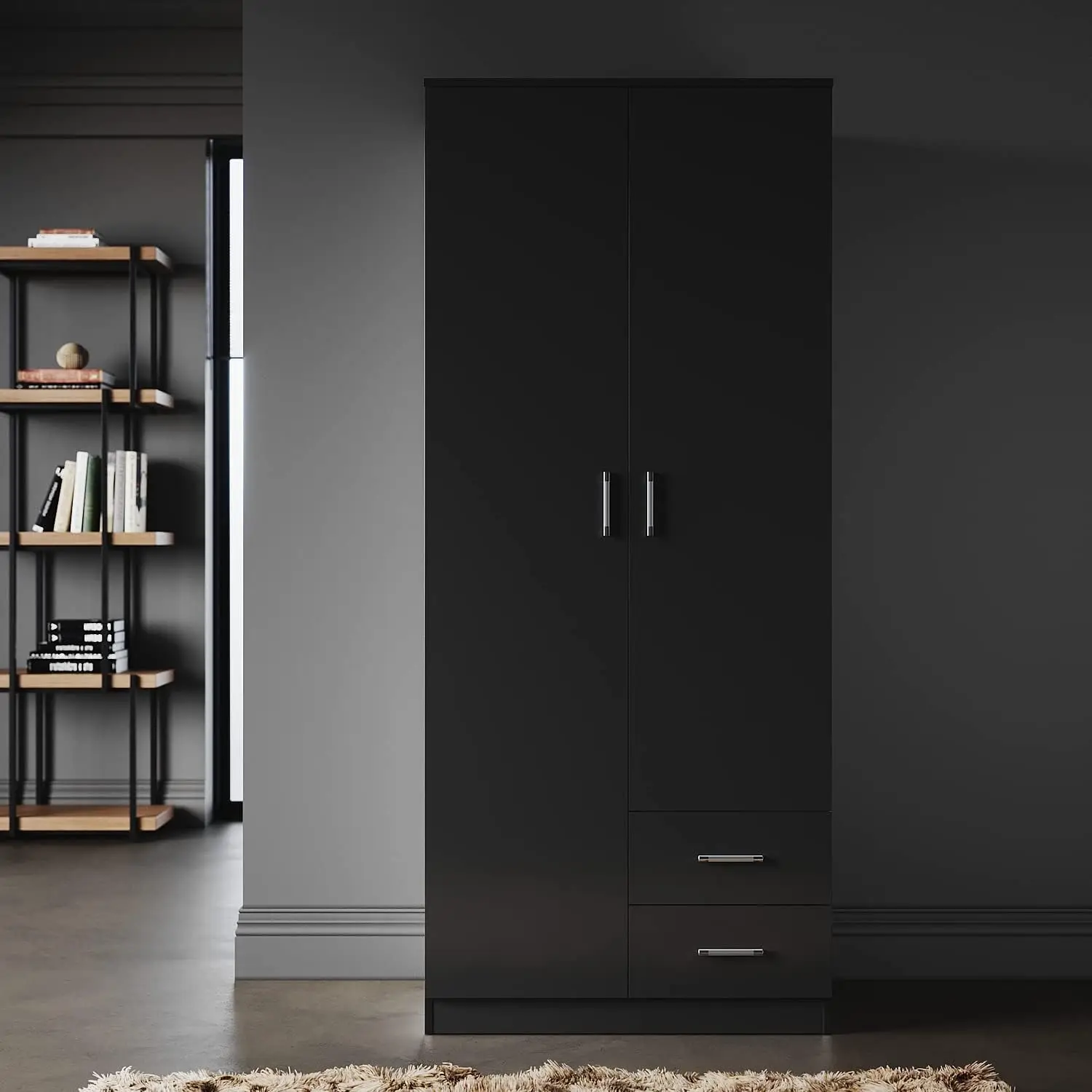 Black Wooden Wardrobe with Multi-Storage Units 2 Drawers Wardrobe with Hanging Rail for Home Bedroom