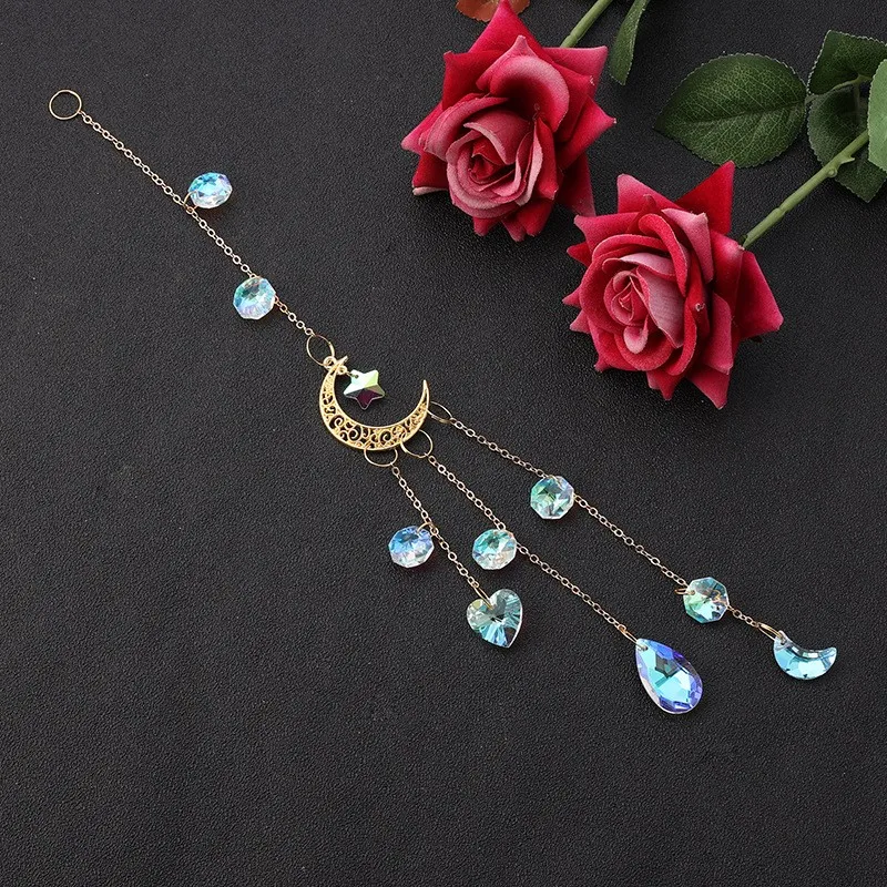 Wholesale Hanging Crystal Moon and Stars Sun Catcher Wind Chimes Gold Brass Glass Suncatchers For Window Decor