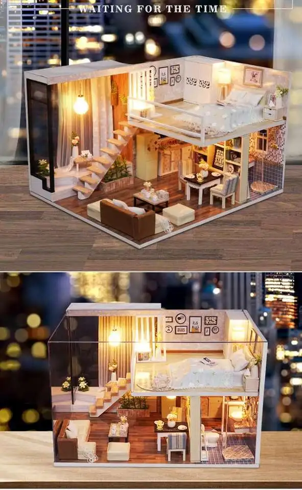 House Miniature DIY Dollhouse With Furnitures Wooden House Waiting Time Toys For Children Birthday Gift