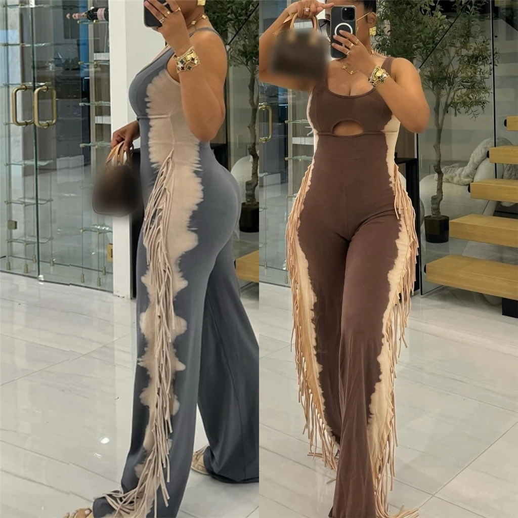 ZHEZHE Spring New Arrivals Solid Color Sleeveless V Neck Pants Jumpsuits One Piece Flare Leg Sexy Jumpsuits With Tassel