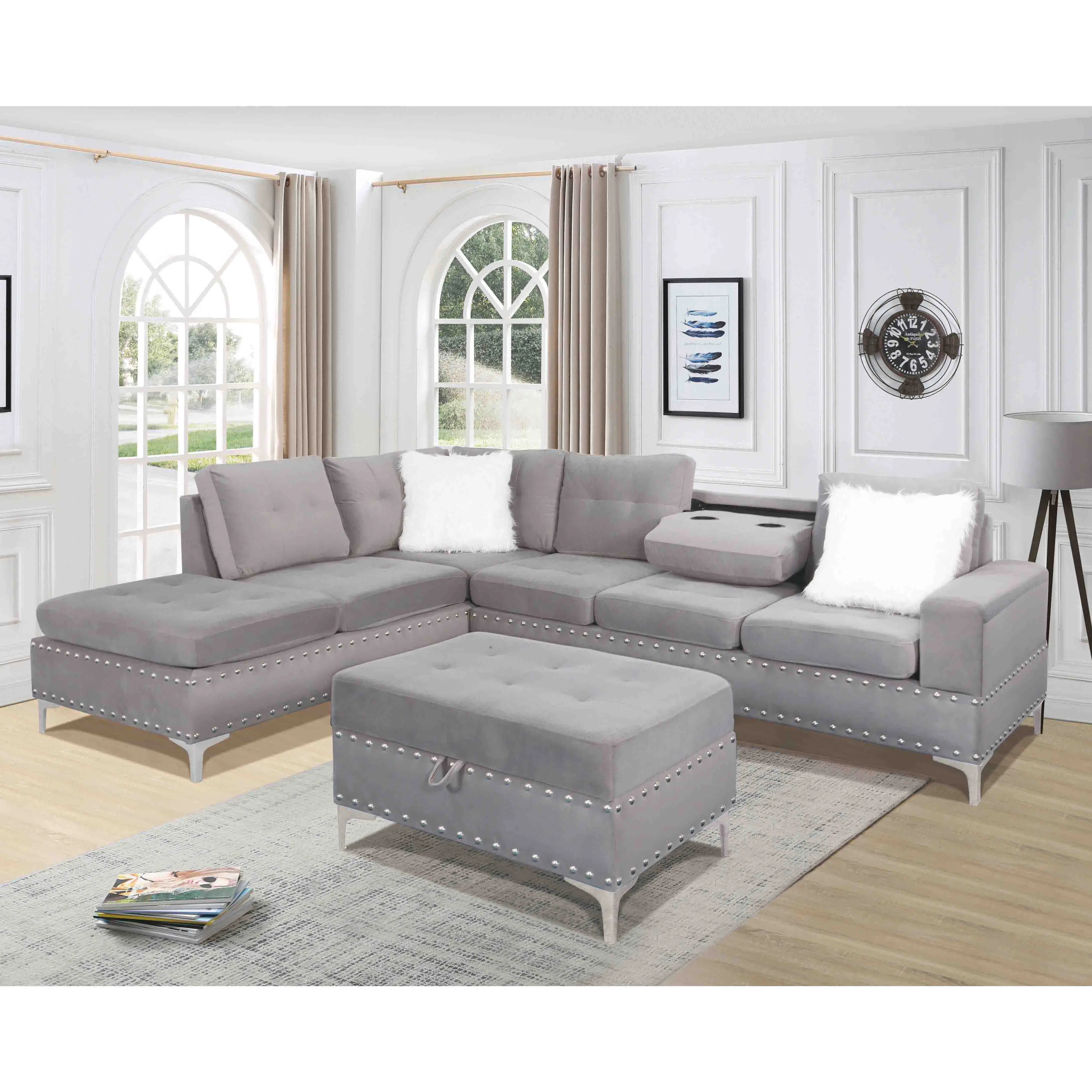 Good Price Automatic Modern Light Luxury Sectional Sofa living Room Furniture Black Grey Faux Leather Chesterfield Sofa