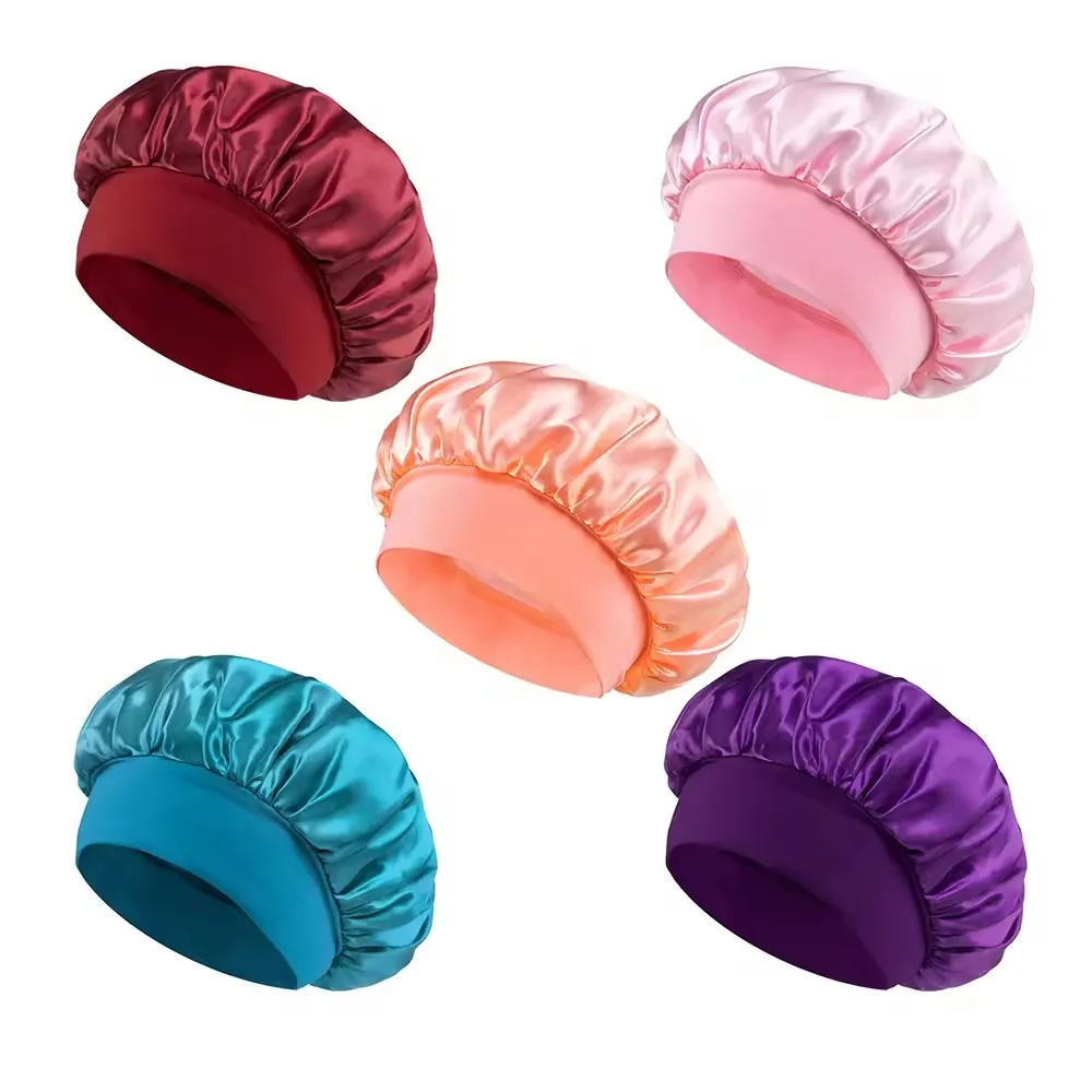 I-0318 Custom Logo Bonnets And Satin Hair Wraps Wide Band Satin Bonnet Sleep Cap Silk Turban Elastic Curly Hair Bonnets
