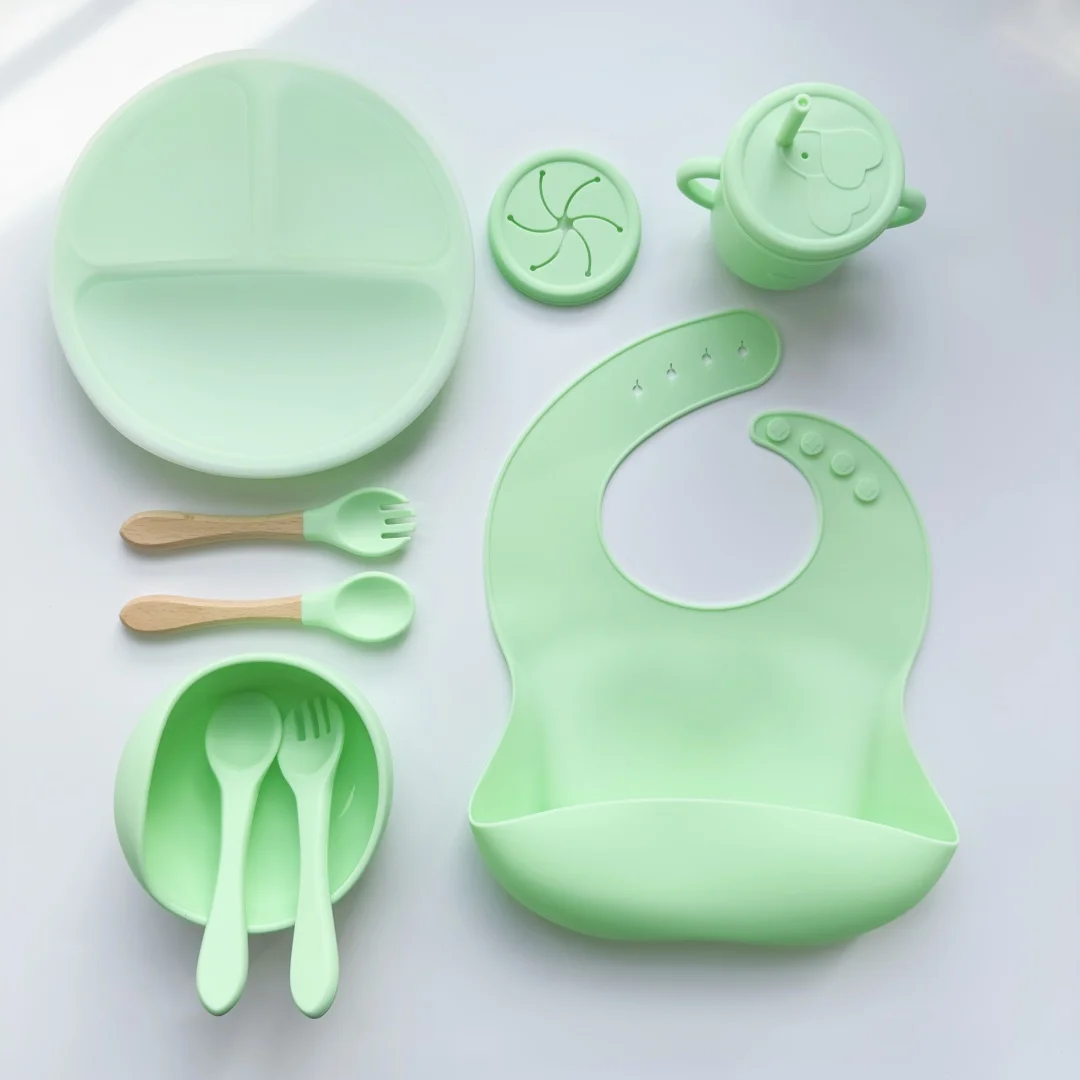 Bpa Free Baby Tableware Set Bowls Spoon Bib Baby Silicone Divided Suction Plate Silicone Baby Feeding Set Dishwasher Safe