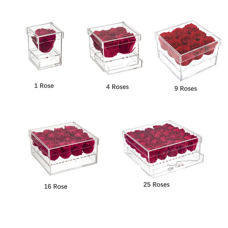 Custom Square Clear Packaging Cover Display Wedding Preserved Rose Storage Bouquet Acrylic Flower Box Eternal Immortal Rose BOX