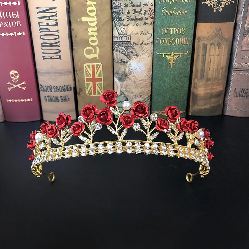 Bridal Accessories Wedding Gold Crown Pearl Red Rose Flower Crystal Tiaras