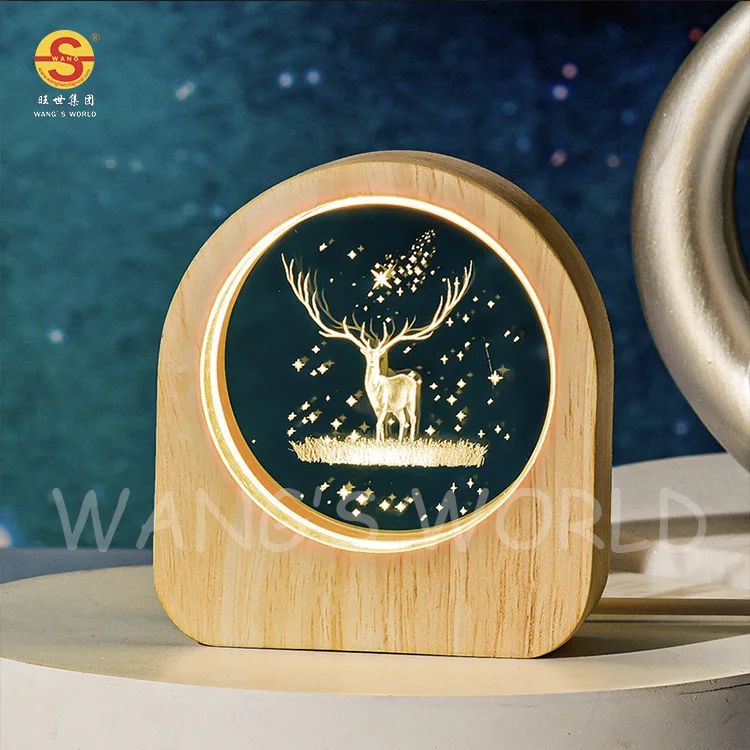 Bedroom Living Room Decoration 3D Optical Creative Bedside Lamp Battery Power Light Night Light Wood Carved Acrylic Table Lamp