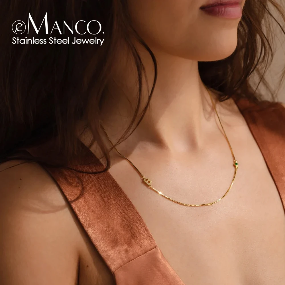 eManco Personalized Box Chain Stainless Steel Initial Necklace Customized Necklace Diy Name Rhinestone Letter Necklace