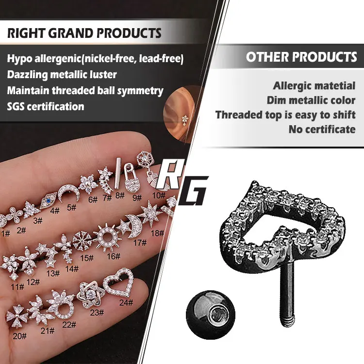 Right Grand Cubic Zirconia Cartilage Stud Helix Rook Earrings Gold Plated 18K Cartilage Piercings Stainless Steel