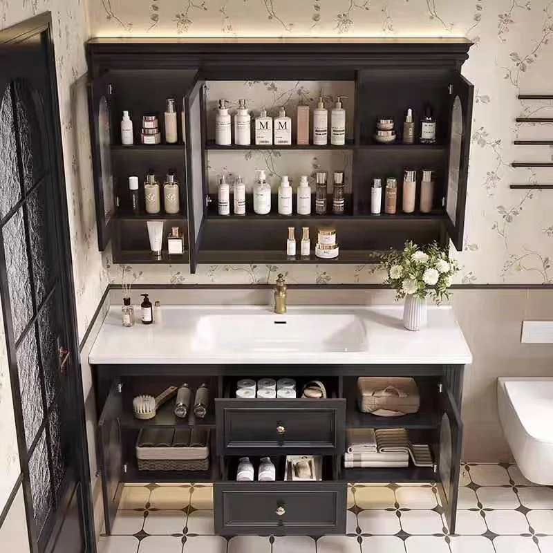 American Vintage Style Wall Mount Floating Luxury Hotel Bathroom Cabinet Vanities Set With Drawers And Mirror