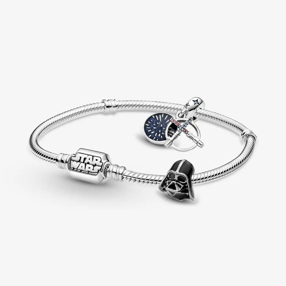 
925 sterling silver Disney Darth Vader Lightsabers Hanging Charm with Star Wars Clasp Snake Chain Bracelet Set jewelry for Child 