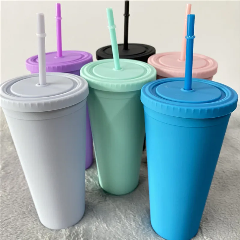 
Reusable double walled matte black 22 oz Pastel Colored Acrylic Cups with Lids and Straws for Vinyl Customizable DIY Gifts 