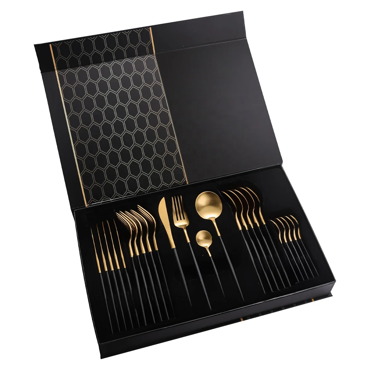 24 Pieces Silver Plated 16Pcs Stainless Steel Luxury Wedding Black handle Gold Cutlery Set Flatware