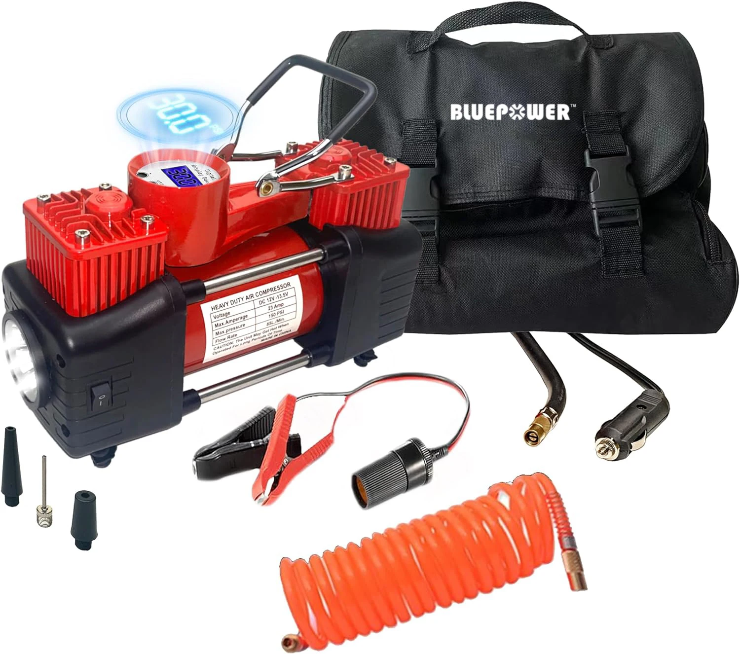 Red Tire Inflator Heavy Duty Dual Cylinder Direct Drive Inflator Pump 12V Portable Air Compressor Pump Digital Pressure Gauge