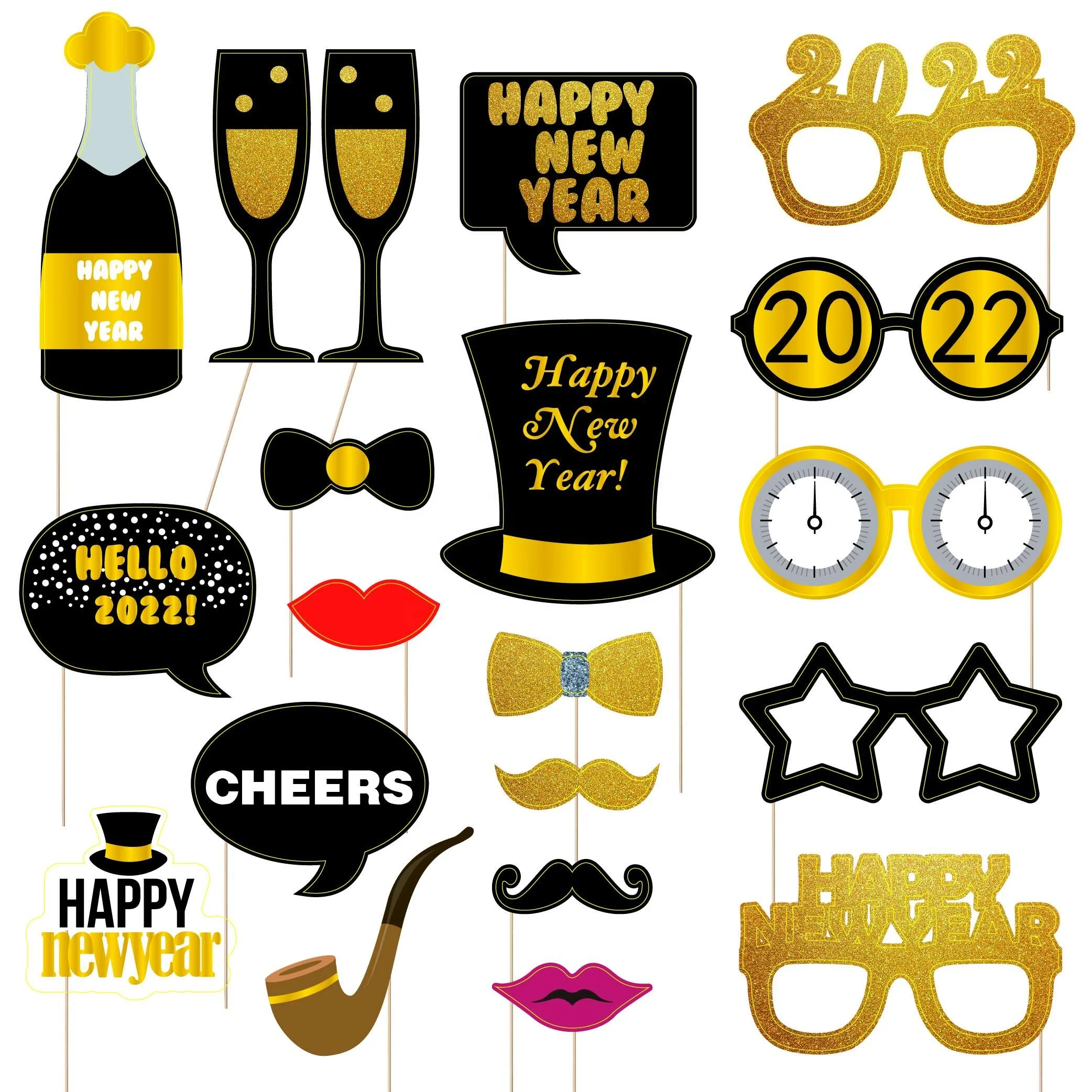 Pafu OEM  New Years Eve party supplies 2022 happy new year 2022 props real glitter 20pcs New Years Photo Booth Props