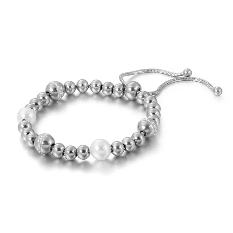 
New Fashion Adjustable Stainless Steel Bead with Cubic Zircon Iridescent Spherical Pearl Bead Bracelet 