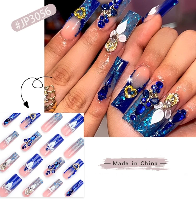 C450 SAFENG 24pcs French Sparkling Diamond Press On Nails Blue Bling Long Square Artificial Fingernails False Nails