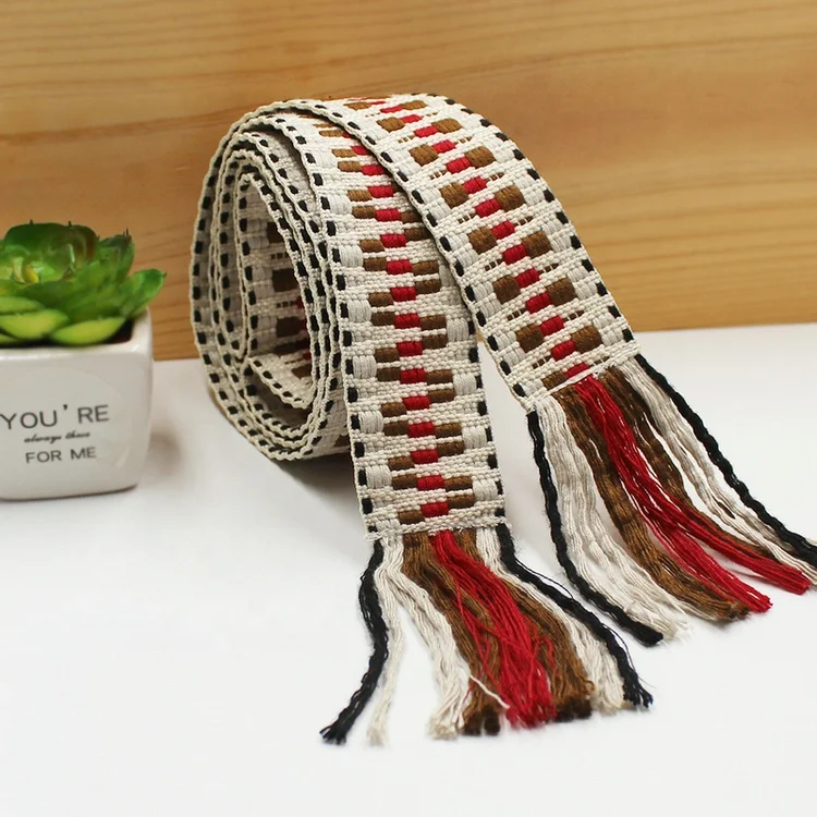 Cotton durable jacquard waist belt women boho dressing fabric belt with tassels