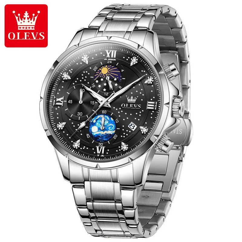 OLEVS 9807 special custom brand  gents quartz watch original Stainless steel band Luminous Chrono stars sun Casual hand watch
