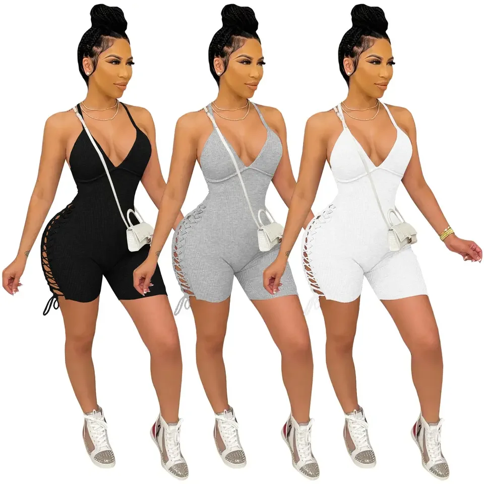 Fashion Laced Backless Romper Shorts Romper Womens Summer Bodycon Ladies Workout Bodysuit Ribbed Halter Jumpsuit