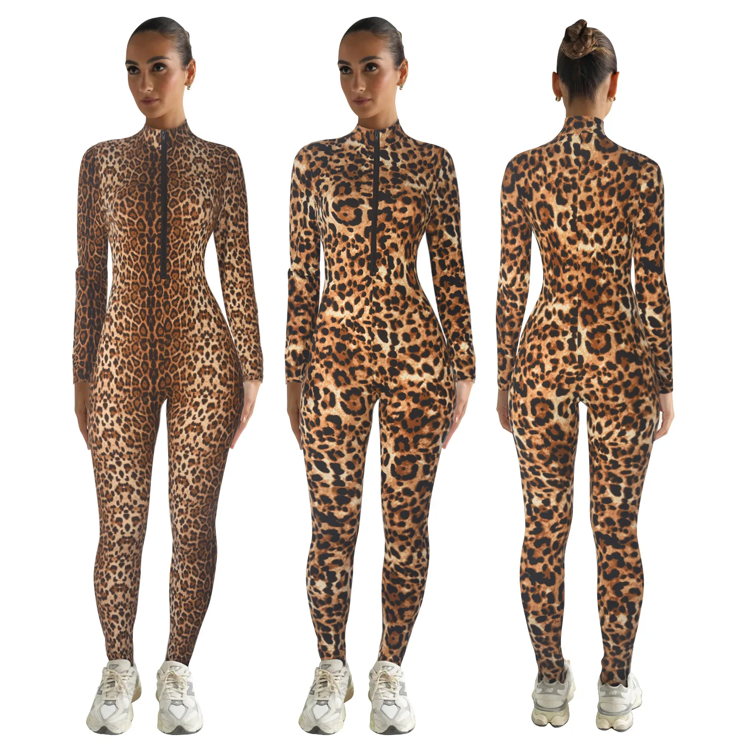 Autumn New Arrival Women Fashion Printed O Neck Front Zipper Bodysuit Club Wear Long Sleeve Jumpsuit For Women