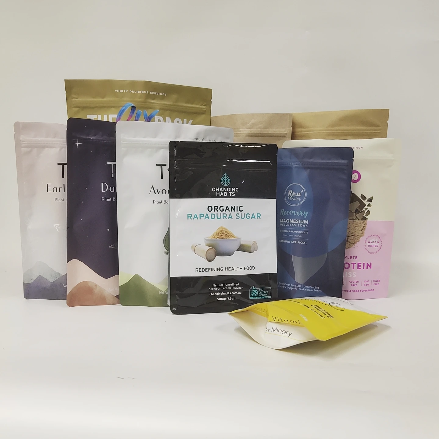 Digital print MOQ 500pcs different types plastic whey protein packaging bags stand up aluminum foil whey protein powder bags