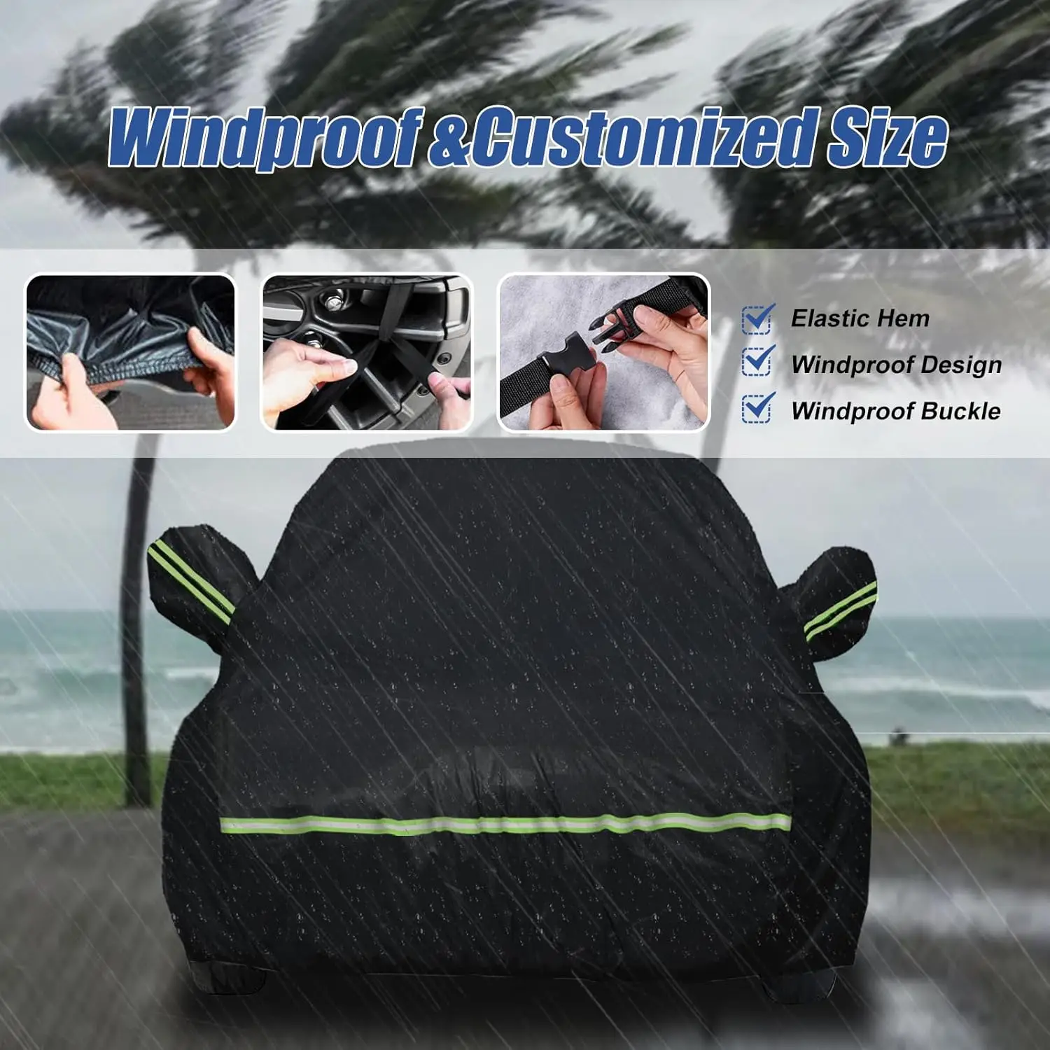 Custom Size Car Cover Waterproof All Weather Fit for Sedan SUV Hail Protection Cotton Backing UV Protection Windproof