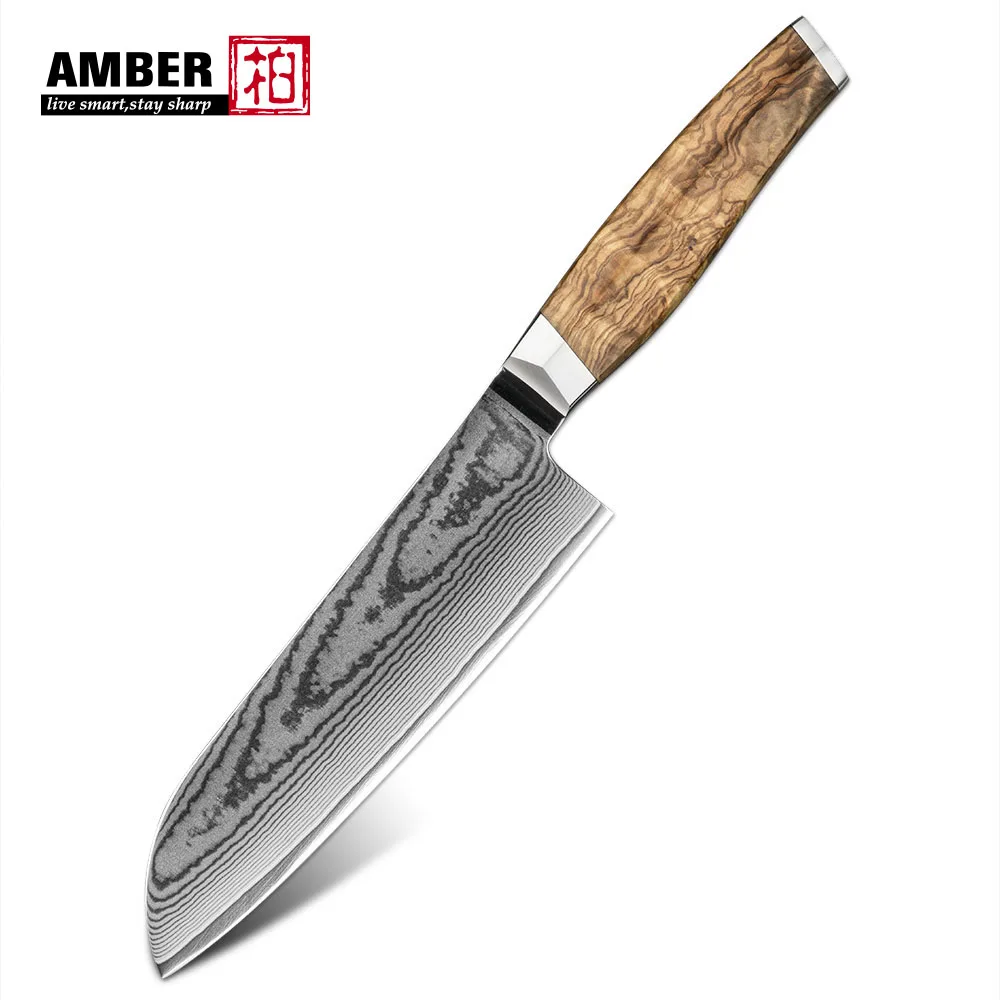 Custom Logo 7 inch Damascus Santoku Knife VG 10 Damascus Steel Kitchen Knives With Olive Wood Handle