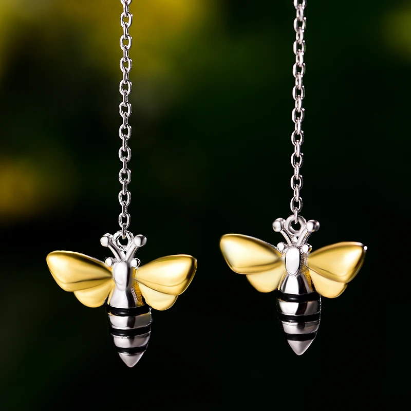 Lotus Fun 2024 Fashion New Model Lovely Honey Bee S925 sterling silver 18k Gold Plated Long Drop Earrings fine jewelry for women