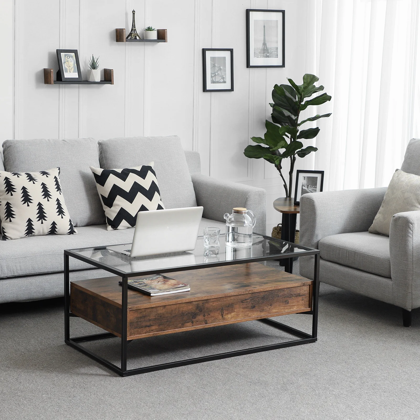 simple uk style modern living room square clear mesa de centro en cristal templado wooden top black tea table