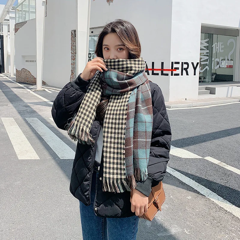 
New fashion thick warm double-sided fine grid scarf imitate cashmere women printed double-sided silk cashmere scarf 