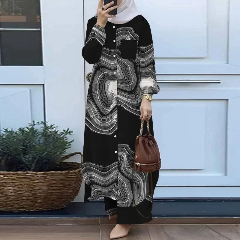 Wholesale Simple Plain Islamic Clothing Two-Piece Church Dresses For Women Casual Retro Muslim Set