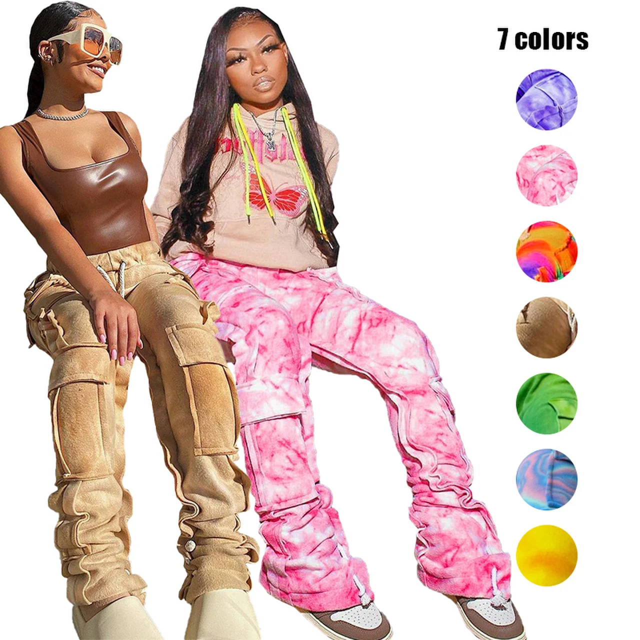Fashion Women Custom Stacked Cargo Pant Sweatpants Camouflage Joggers Stacked Sweat Pants With Side Pocket Stacked Pants