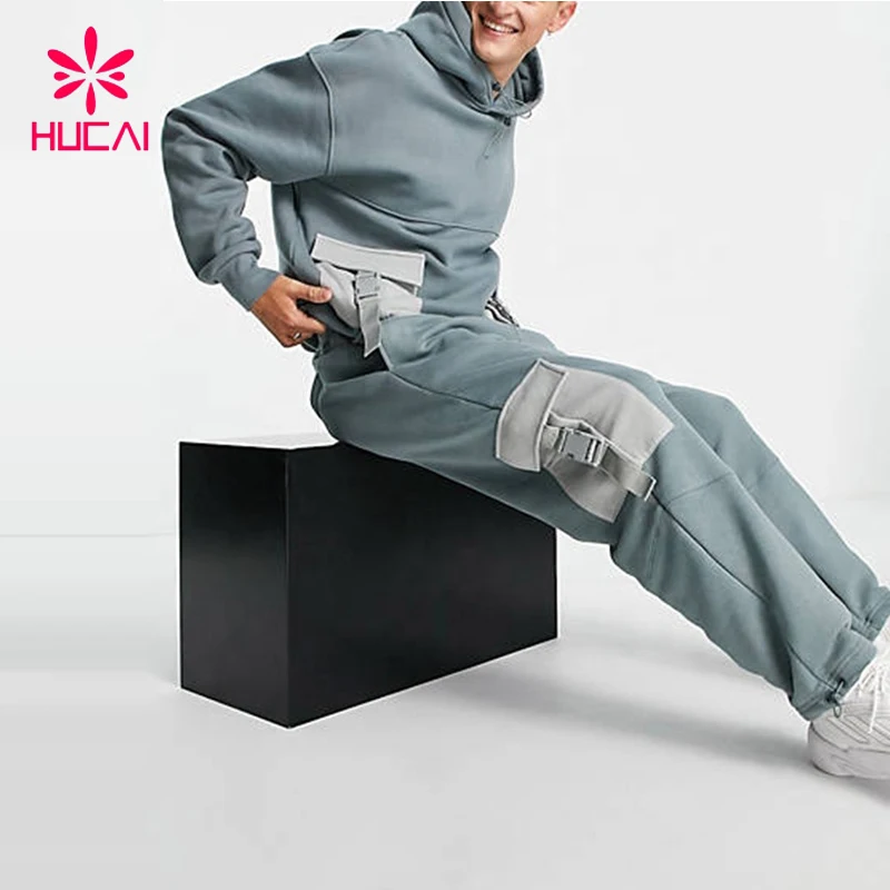 Custom Logo Cargo Pocket Cotton Boys 2 Piece Joggers set Thick Men Sweatsuit track suit for men