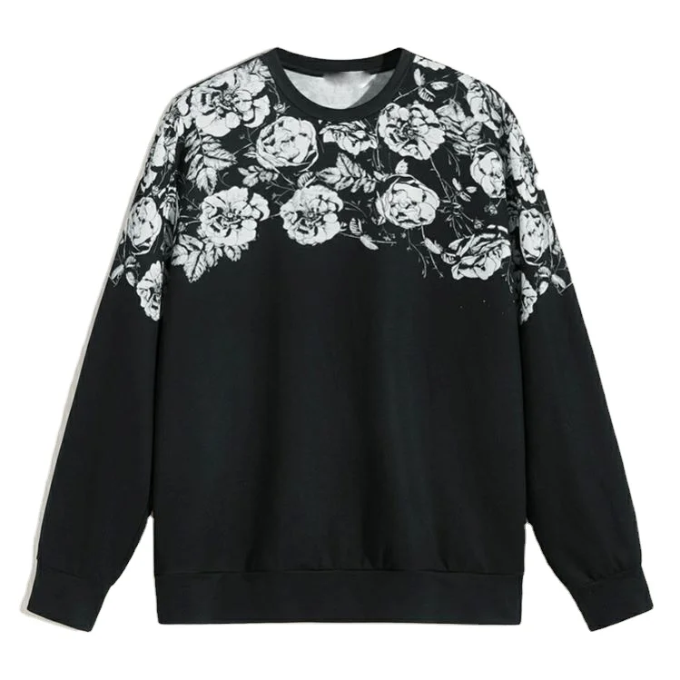 
CHINA SUPPLIER CREW NECK PLAIN FLOWER PRINT LONG SLEEVES OVERSIZED PULLOVER MENS CHEAP WHOLESALE TSHIRT 
