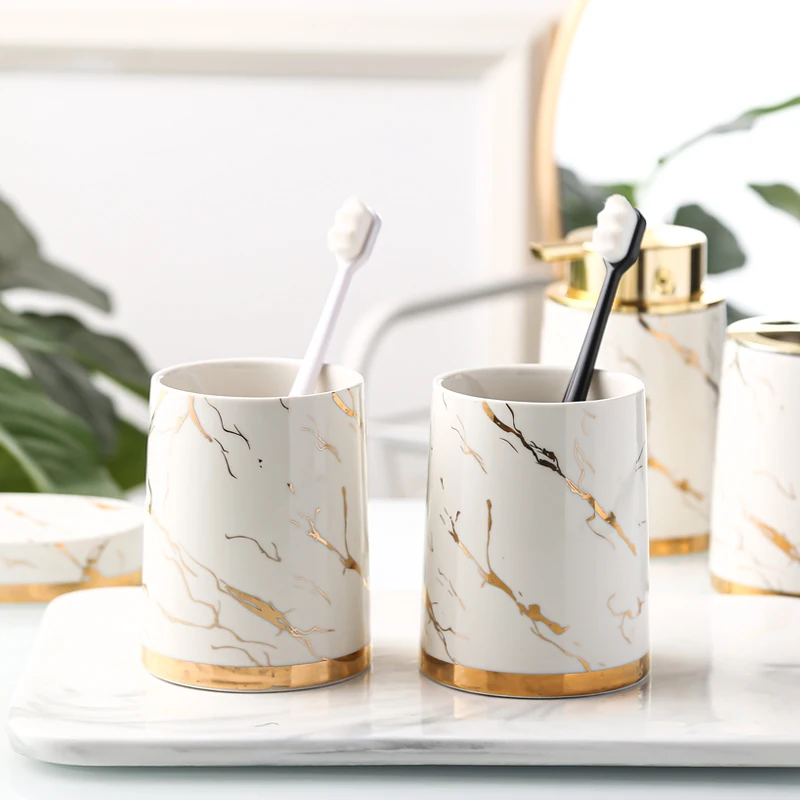 Light Luxury Ceramic Marble Bathroom Accessories Wash Set Dispenser Mouthwash Cup Toothbrush Holder Soap Dish Singleton