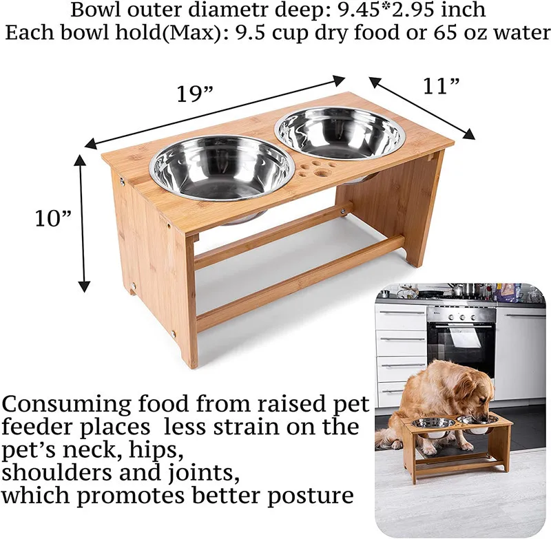 OEM custom logo adjustable height wooden stand pet dog cat dual stainless steel food water ceramic bowl