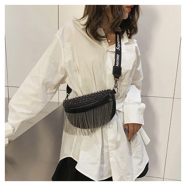 
Single-shoulder cross-body bag Joker tassel bag web celebrity with rivet wide band bag women purses 