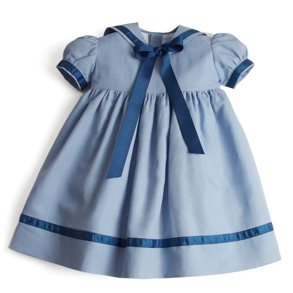 08AS solid blue princess design little baby girls princess dresses infant toddler kids cotton dress clothing boutiques