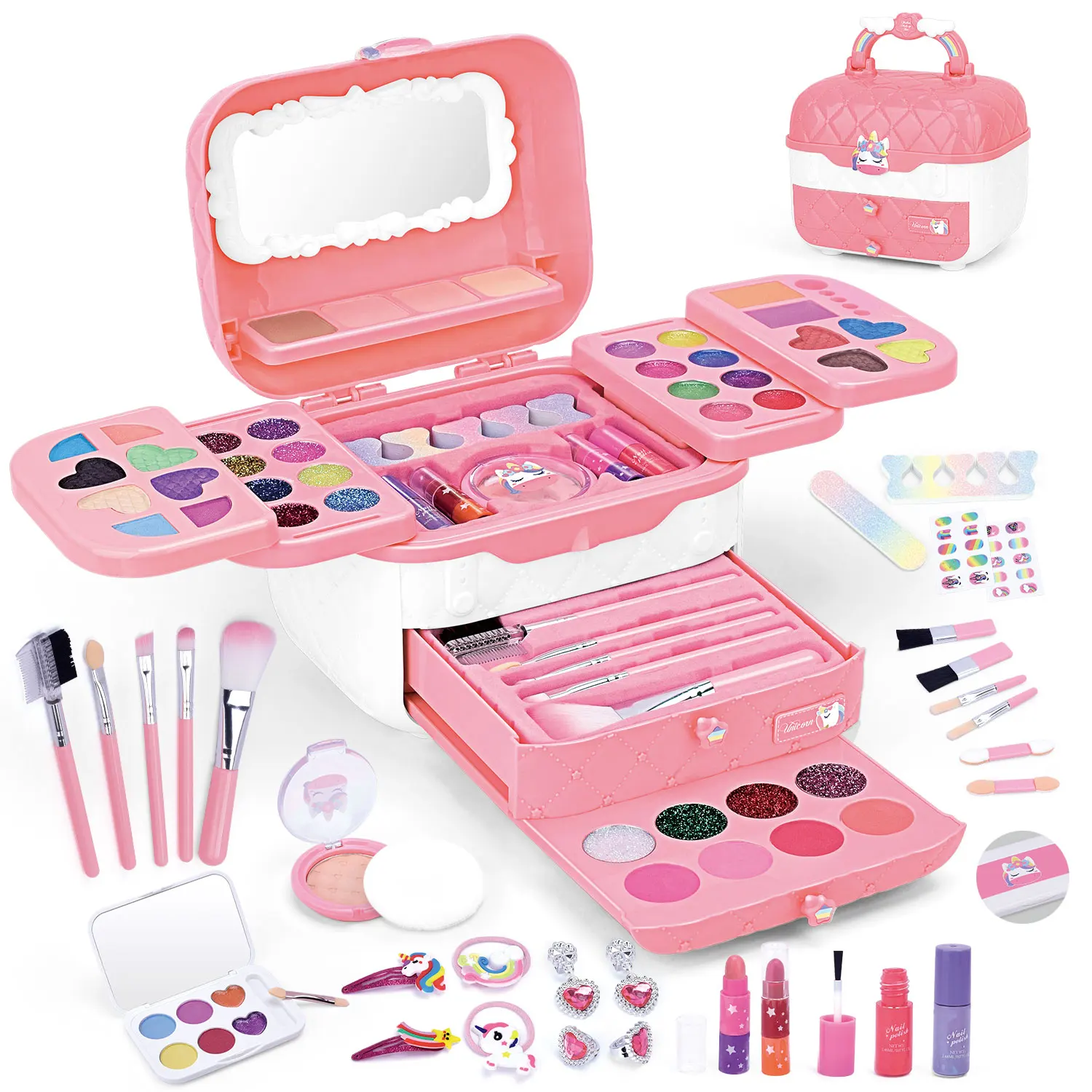 72PCS Kids Makeup Kit Washable Real Make Up Set Pretend Play Preschool for Kids Girl With Makeup Tools Brush Set