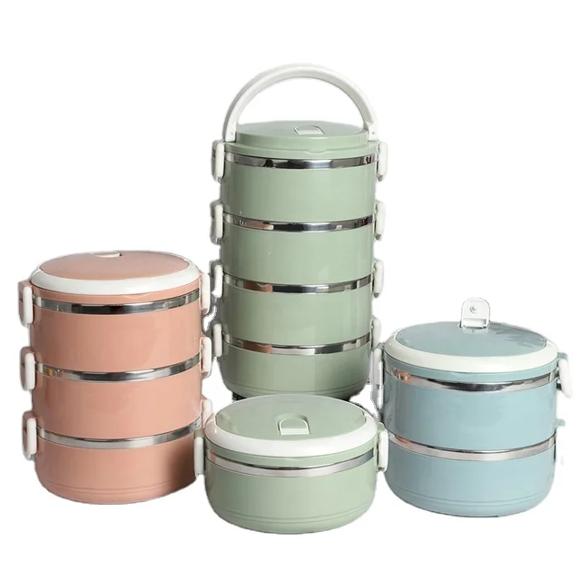 Promotion plastic metal bento round insulated  tiffin box lunch stainless steel tiffin box carrier thermal lunch box