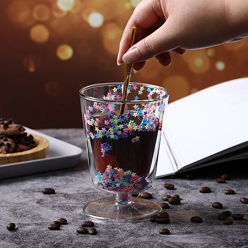 Handmade lovely cute double layer glass water coffee milk cup Borosilicate Insulated Stars Sequin Juice mugs for girl use