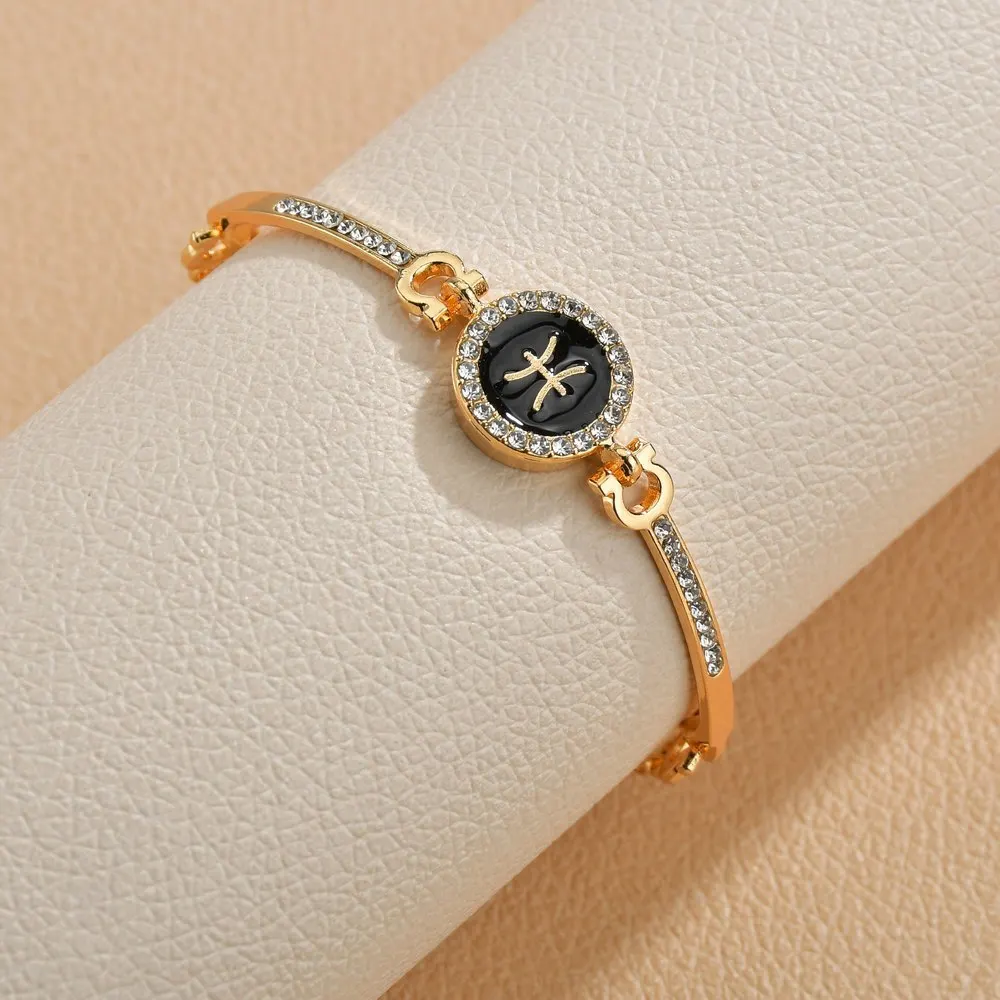 12 Design Zodiac Bracelets Bangles Jewelry Round Horoscope Astrology Bracelet Gold Color Diamond Pendant Charms Bracelet