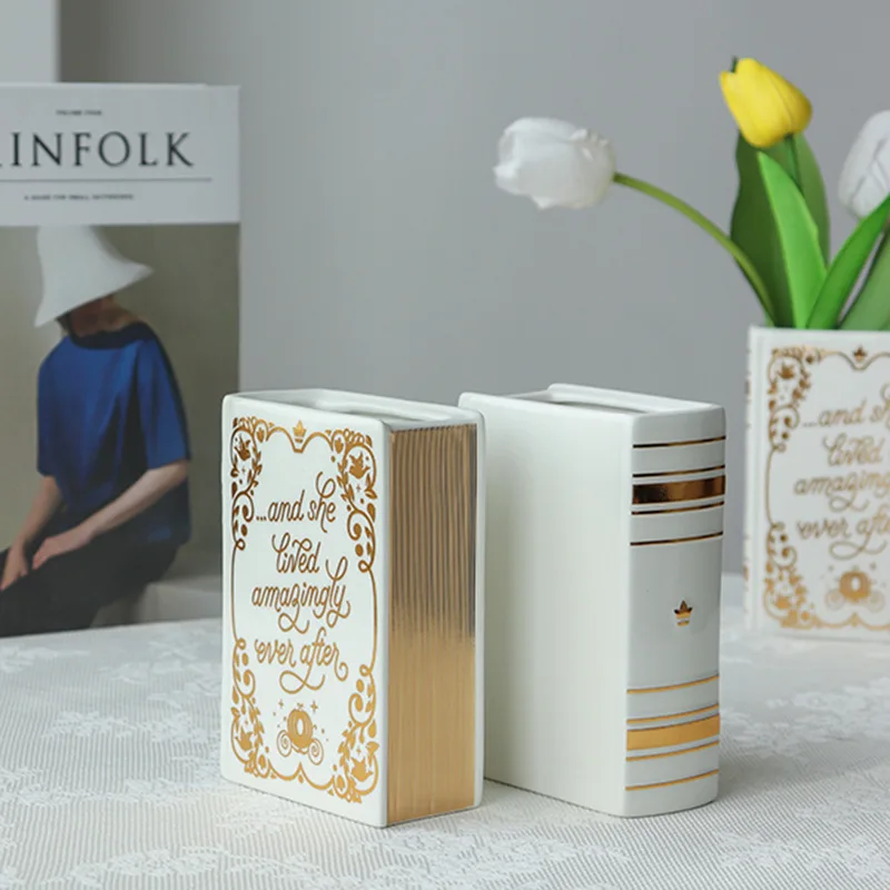 Luxury Nordic Home Hotel Decorative White and Gold Ceramic Book Shaped Flower Vase Pen holder for Office