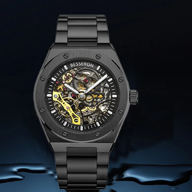 2023 Automatic Mechanical Watch customize your logo Skeleton Dial Black Waterproof Men luxury automatic watches