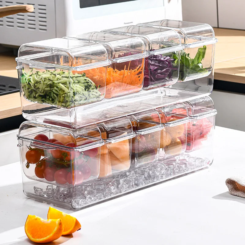 Choice Fun New transparent plastic multi grid preservation box with detachable ice storage box fruit salad seasoning box