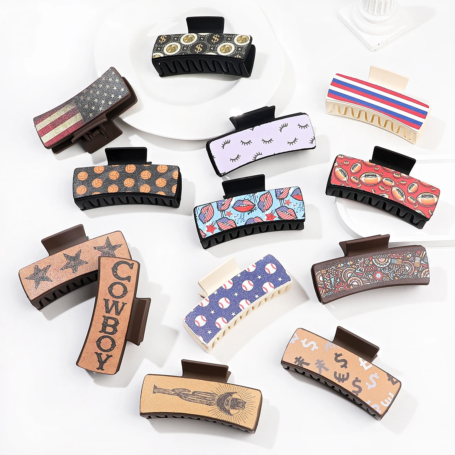 Jiamu European And American Style PU Leather Shark Hair Claw Clips For Women Girls High Quality Antique Rectangle Hair Claws