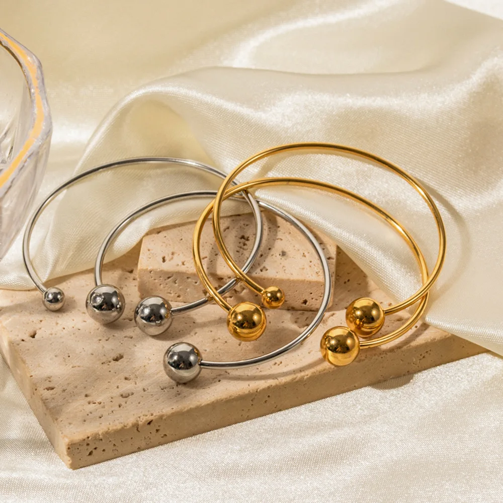 Fashion Custom Jewelry Cuff Metal 18K Gold Plated Ball Bracelets Stainless Steel Open Bangles Jewelry Women