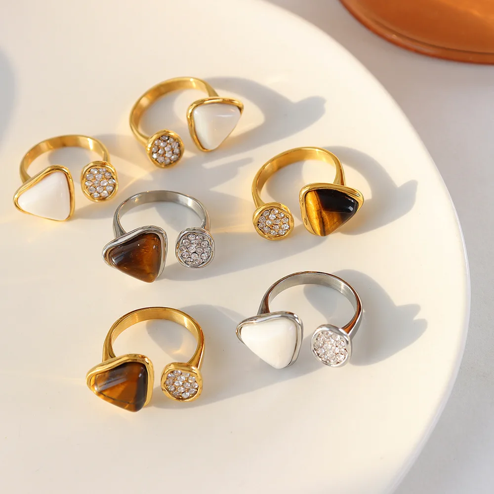 2 Designs Stainless Steel Triangle Tiger Eye Stone Freshwater Shell Ring Zircon Rings Women Stylish Vintage Luxury Jewelry 2023