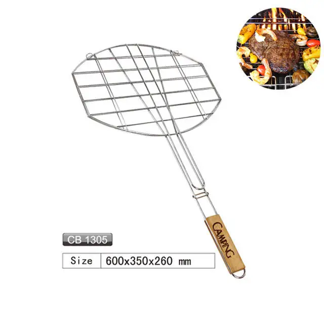 Multi functional outdoor cooking stainless steel wire mesh with wood handle bbq grill net basket